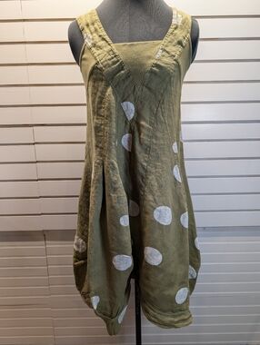 Lands Downunder Lagenlook 100% Linen Green Polka Dot Tank Dress Size MED EUC